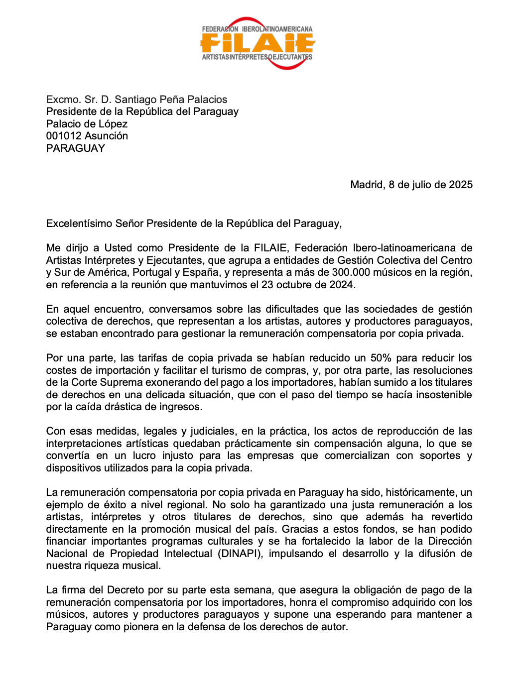 Carta de Luís Cobos al Presidente de la República, Sr. Santiago Peña